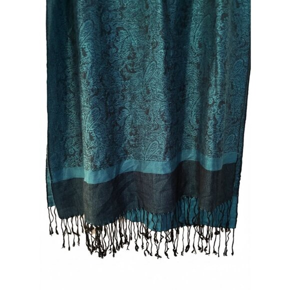 Pashmina Silk Blend Vtg Scarf Peacock Blue Shawl Wrap Fringe Tassels Classic - Picture 3 of 4